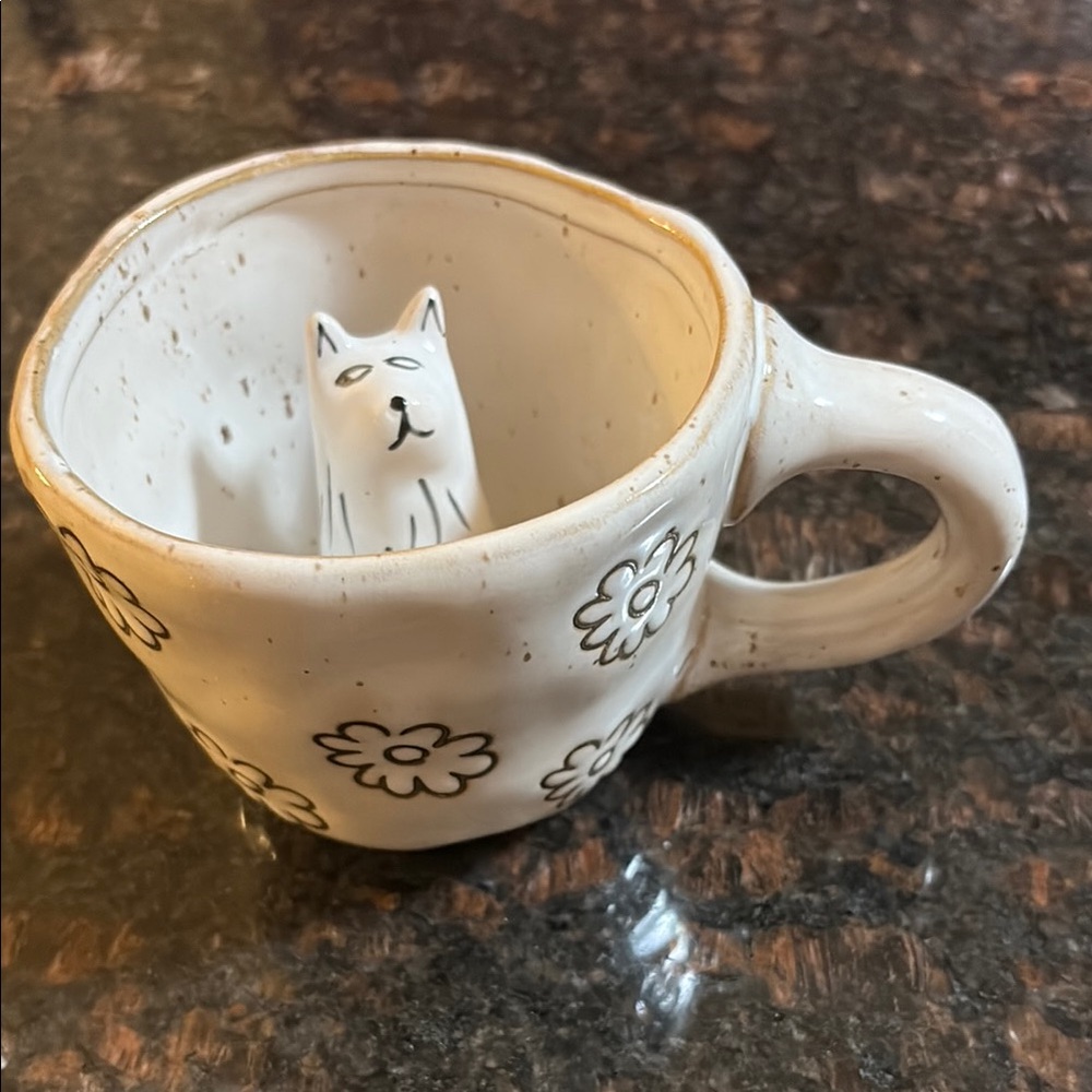 Urban Outfitters Cream Floral Mug with Dog Figurine
